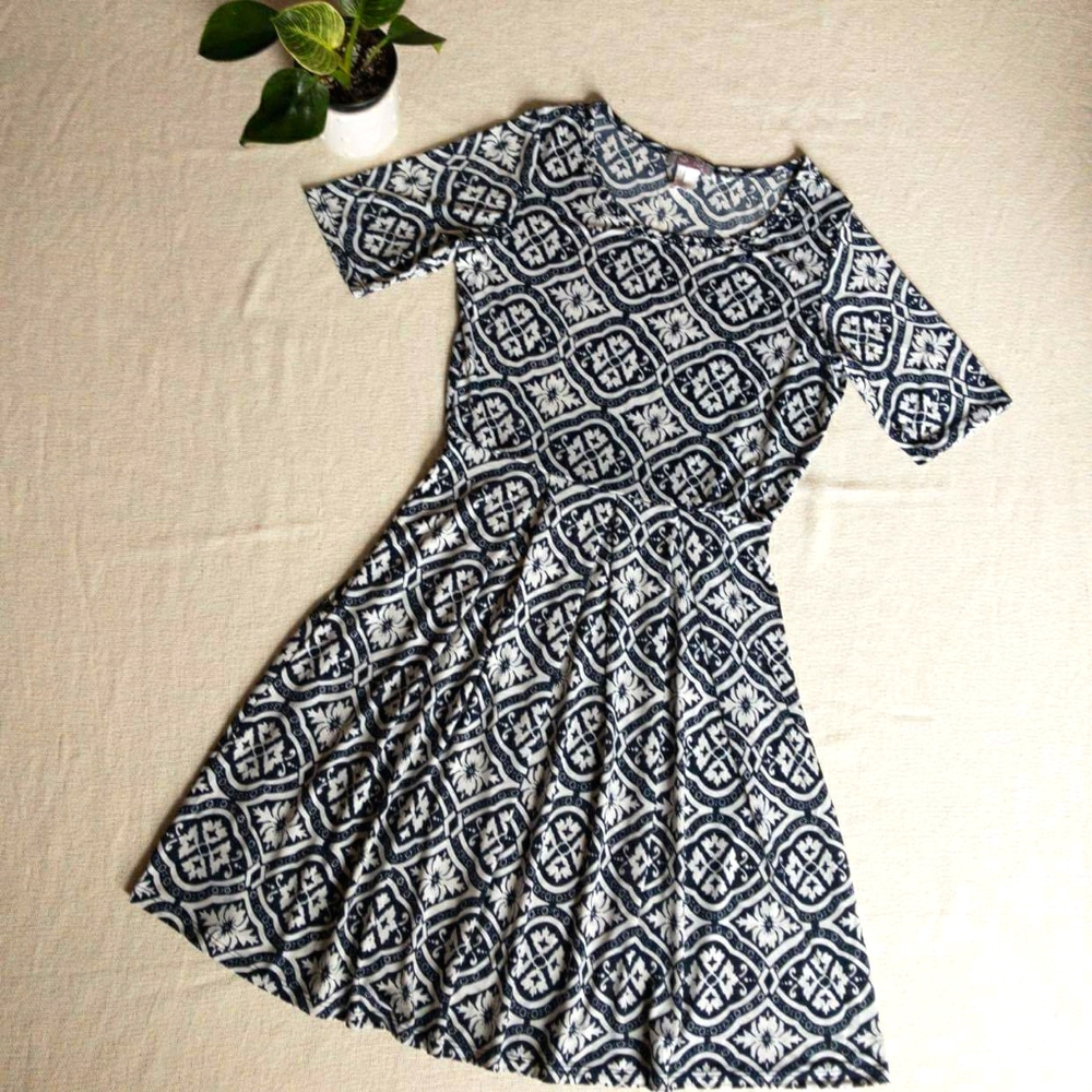 Printed Fit & Flare Blue Dress Size M